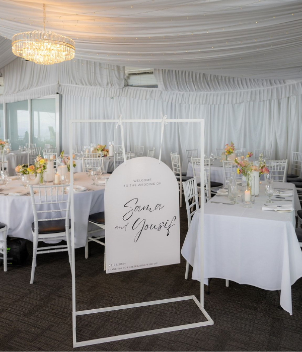 White Hanging Sign Stand Hire