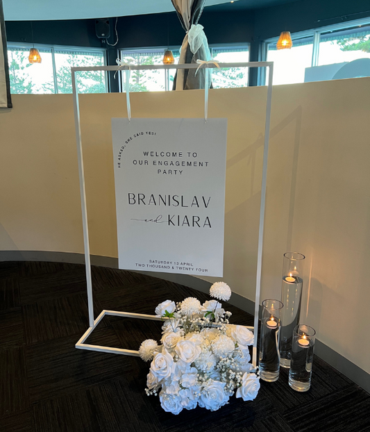 White Hanging Sign Stand Hire